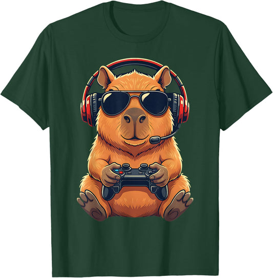 Cute Funny Capybara Gamer Gaming Playing Video Games Kids T-Shirt - T-Shirt | Forest