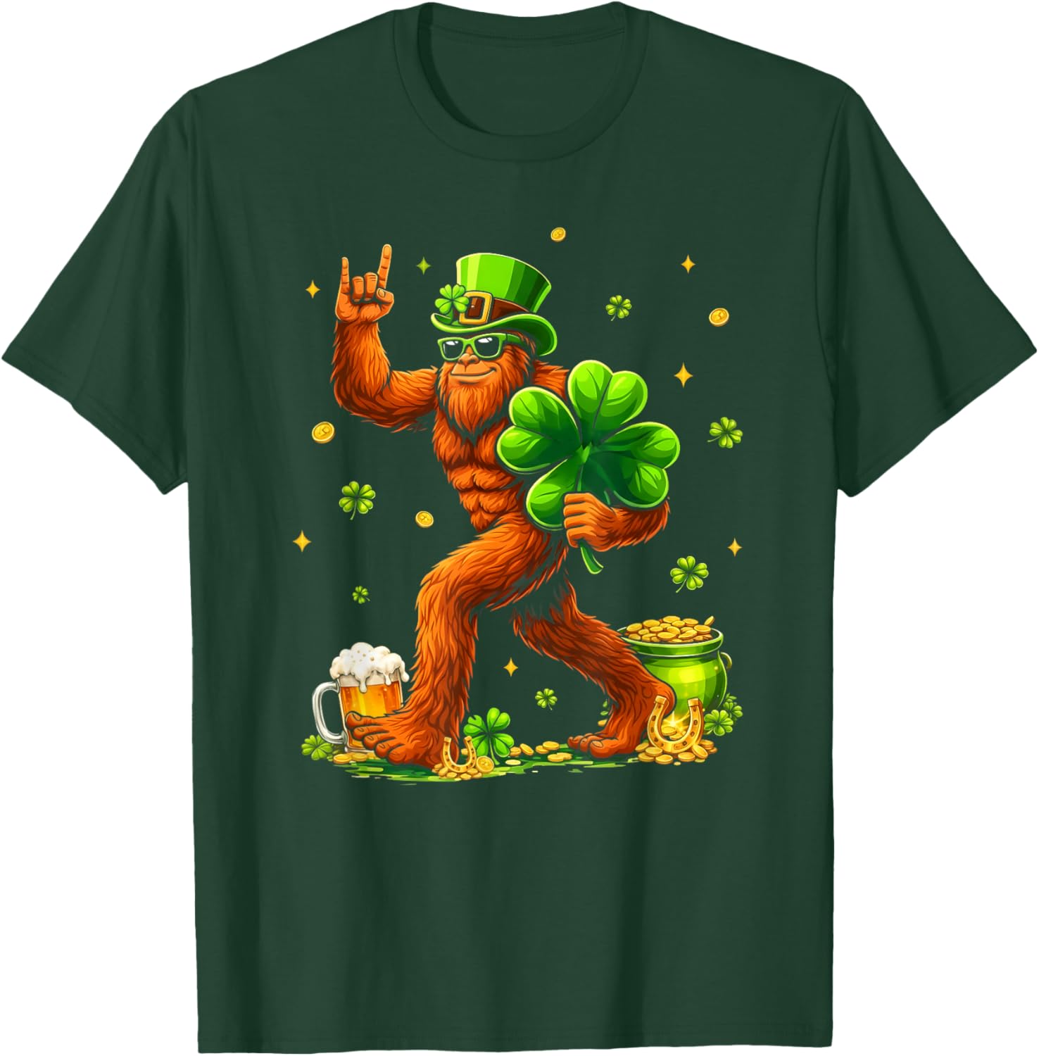 St Patricks Day Bigfoot Sasquatch Shamrock Men Women Kids T-Shirt - T-Shirt | Forest