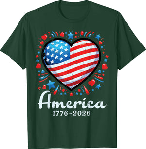 America US Flag Heart 1776 2026 250th Anniversary Women Kids T-Shirt - T-Shirt | Forest