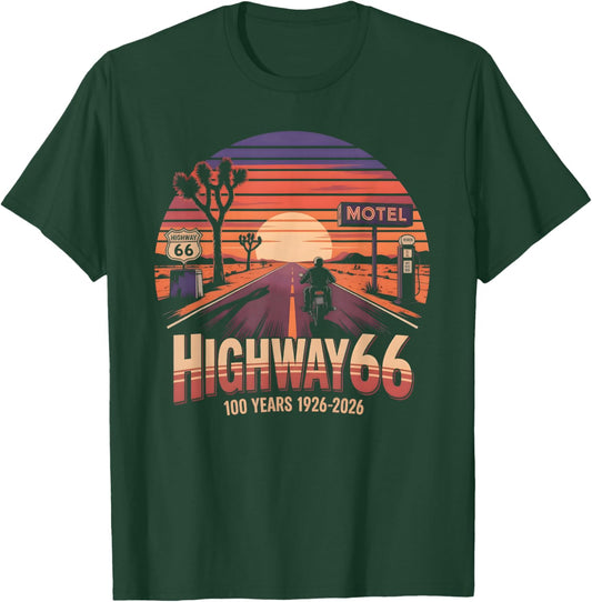 Highway 66 100 Years 1926-2026 Biker Centennial Anniversary T-Shirt - T-Shirt | Forest