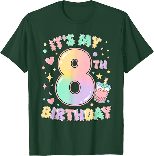 It's My 8th Birthday Bubble Boba Tea Party 8 Year Old Girl T-Shirt - T-Shirt | Forest