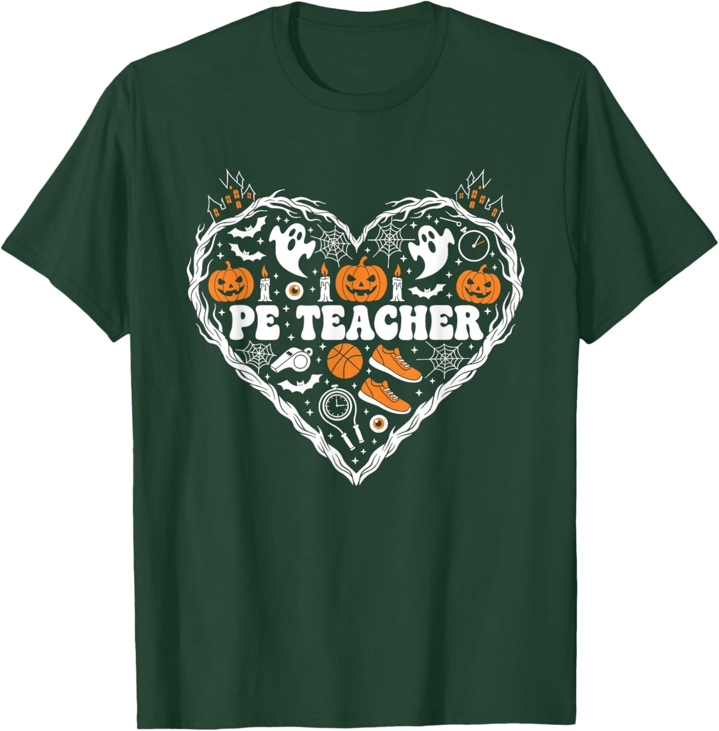 PE Teacher Heart Pumpkin Ghost Halloween Kids T-Shirt - T-Shirt | Forest