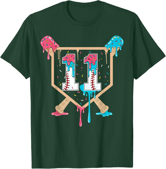 Baseball 11 Year Old Ice Cream Drip 11th Birthday Boy Player T-Shirt - T-Shirt | Forest