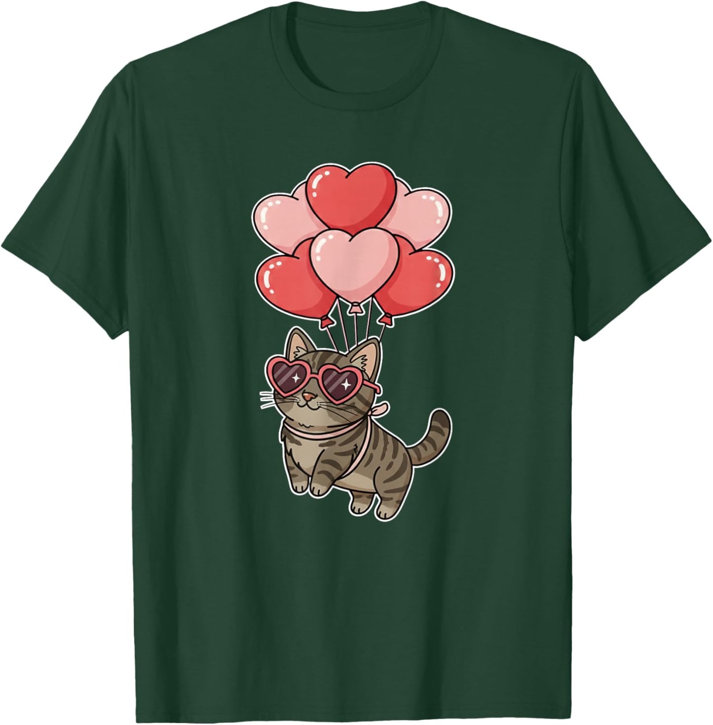 Girls Valentines Day Heart Balloons Brown Tabby Cat T-Shirt - T-Shirt | Forest