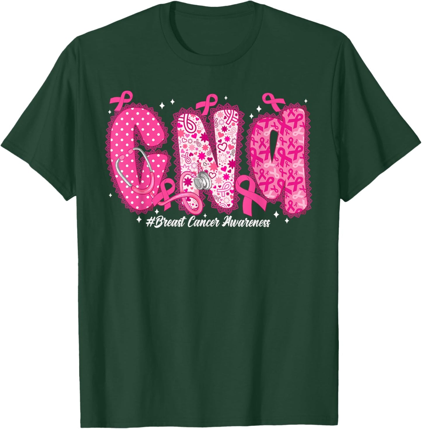 in October We Wear Pink CNA Nurse Breast Cancer Awareness T-Shirt - T-Shirt | Forest