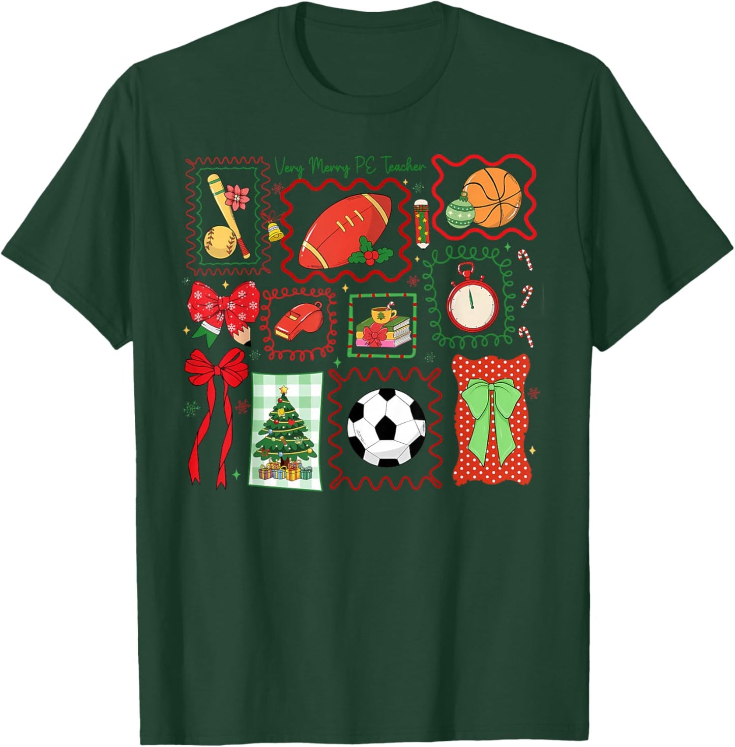 PE Teacher Christmas Bow Physical Education Teacher Outfit T-Shirt - T-Shirt | Forest