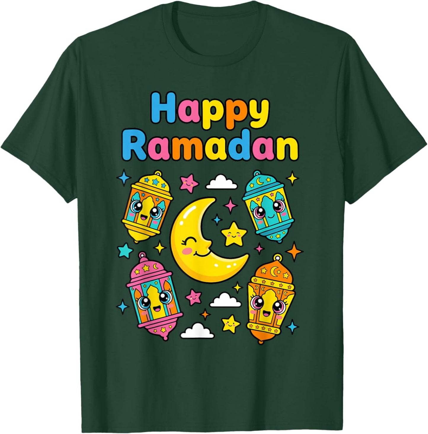 Happy Ramadan for Kids Muslim Boys Girls Kawaii Moon Lantern T-Shirt - T-Shirt | Forest
