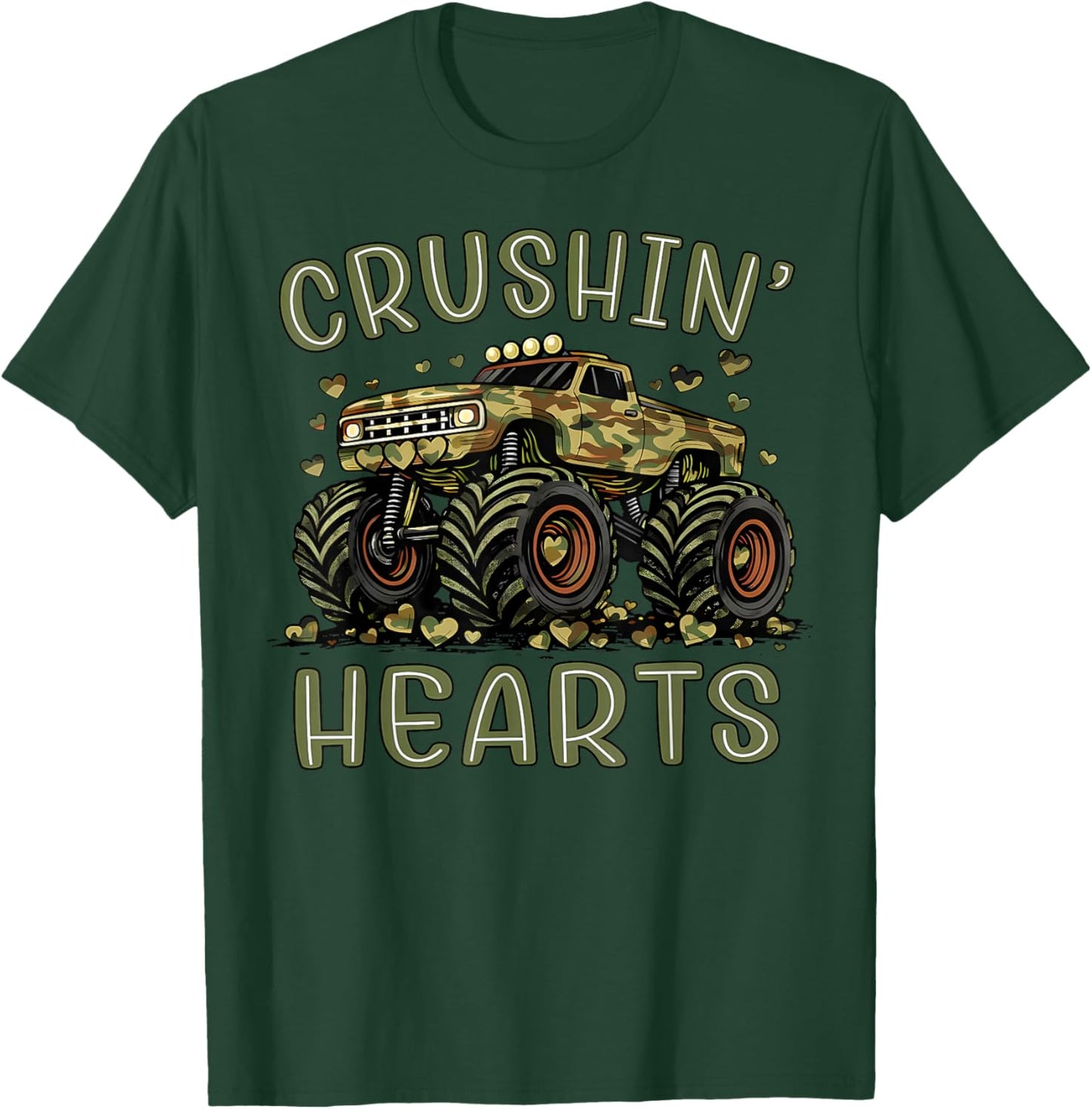 Valentine Camouflage Truck Crushin' Hearts Boy Kids Monster T-Shirt - T-Shirt | Forest