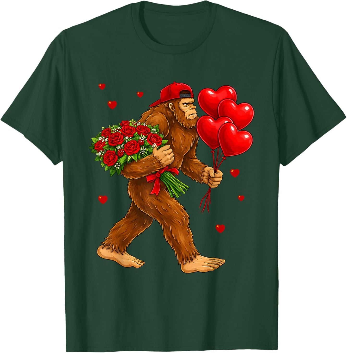 Bigfoot Valentine’s Day Cute Sasquatch Roses Balloons Love T-Shirt - T-Shirt | Forest