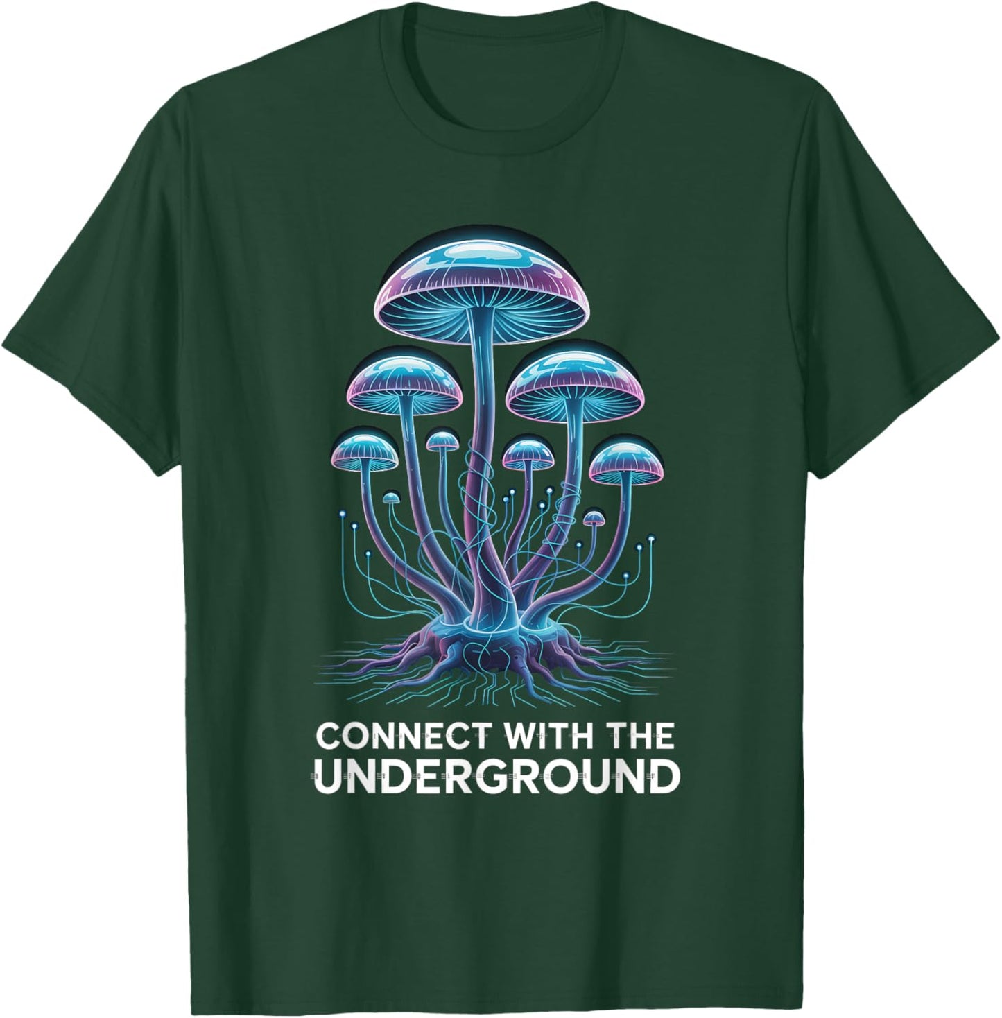 Luminous Cyber Mushroom Mycelium Network Tech Graphic T-Shirt - T-Shirt | Forest
