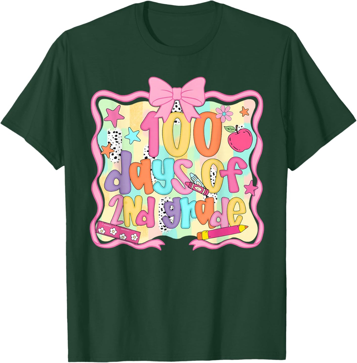 Preppy 100 Days of 2nd Grade Teacher Kids Coquette Bow T-Shirt - T-Shirt | Forest