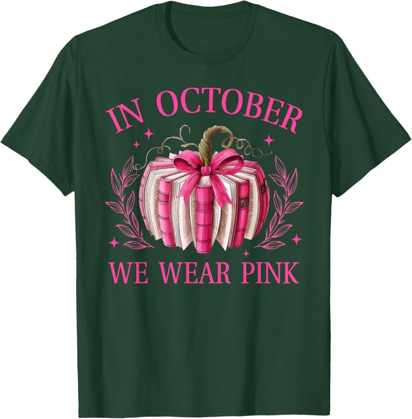 in October We Wear Pink Pumpkin Book Breast Cancer Awareness T-Shirt - T-Shirt | Forest