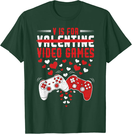 V is for Video Games Funny Valentines Gamer Boy Men Kids T-Shirt - T-Shirt | Forest