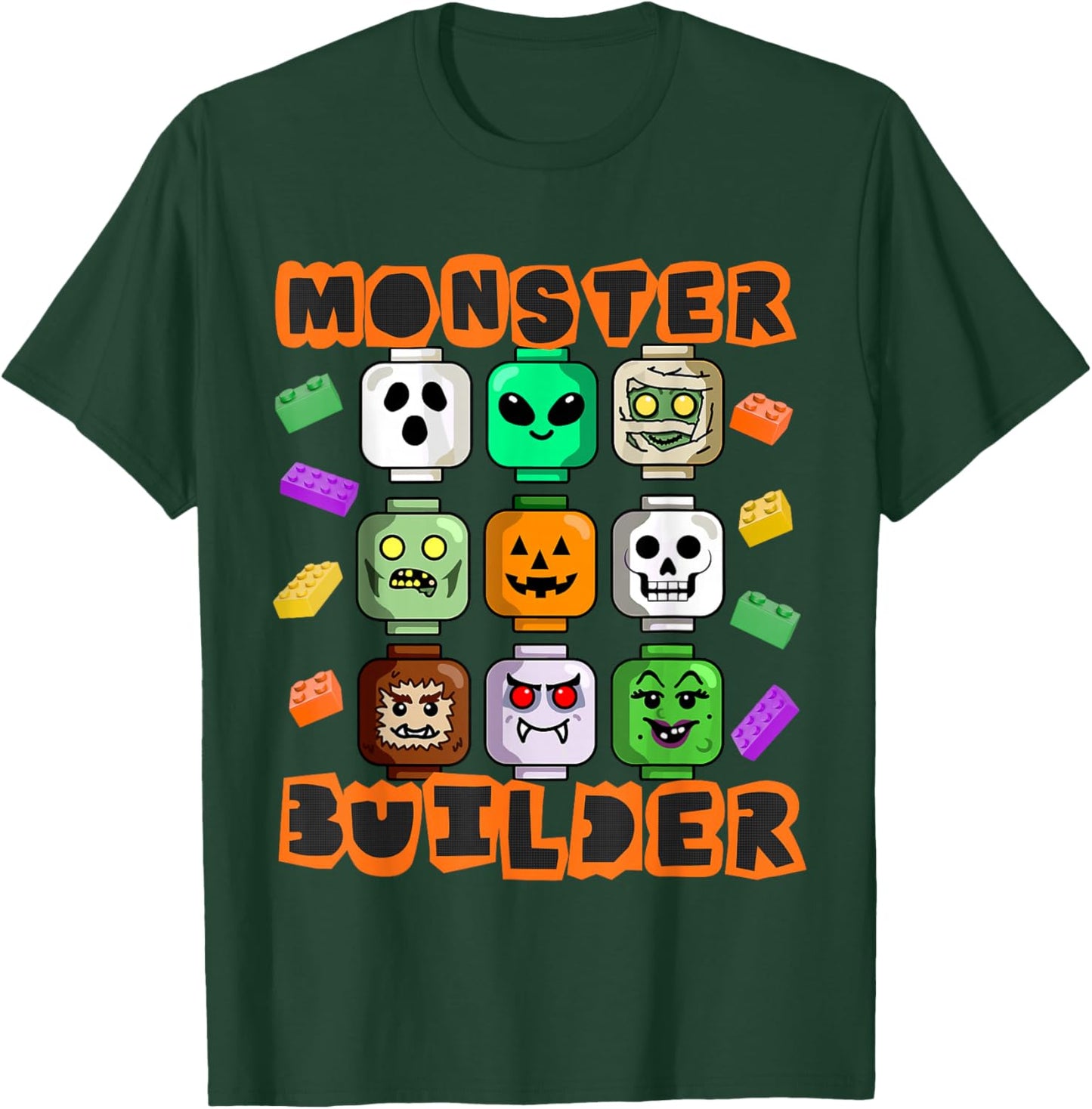 Monster Builder Halloween Building Bricks Brick Head Funny T-Shirt - T-Shirt | Forest