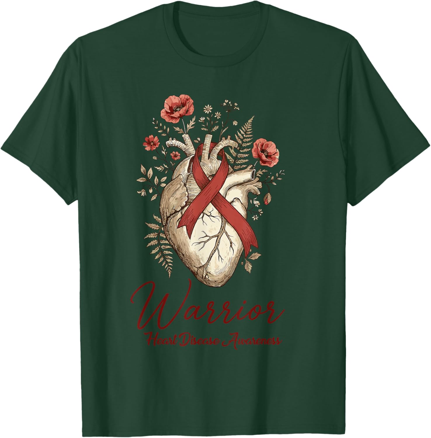 Heart Disease Awareness Warrior Anatomical Floral Ribbon T-Shirt - T-Shirt | Forest