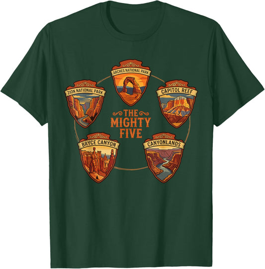 Vintage Mighty Five 5 National Parks Utah Hiking Camping T-Shirt - T-Shirt | Forest