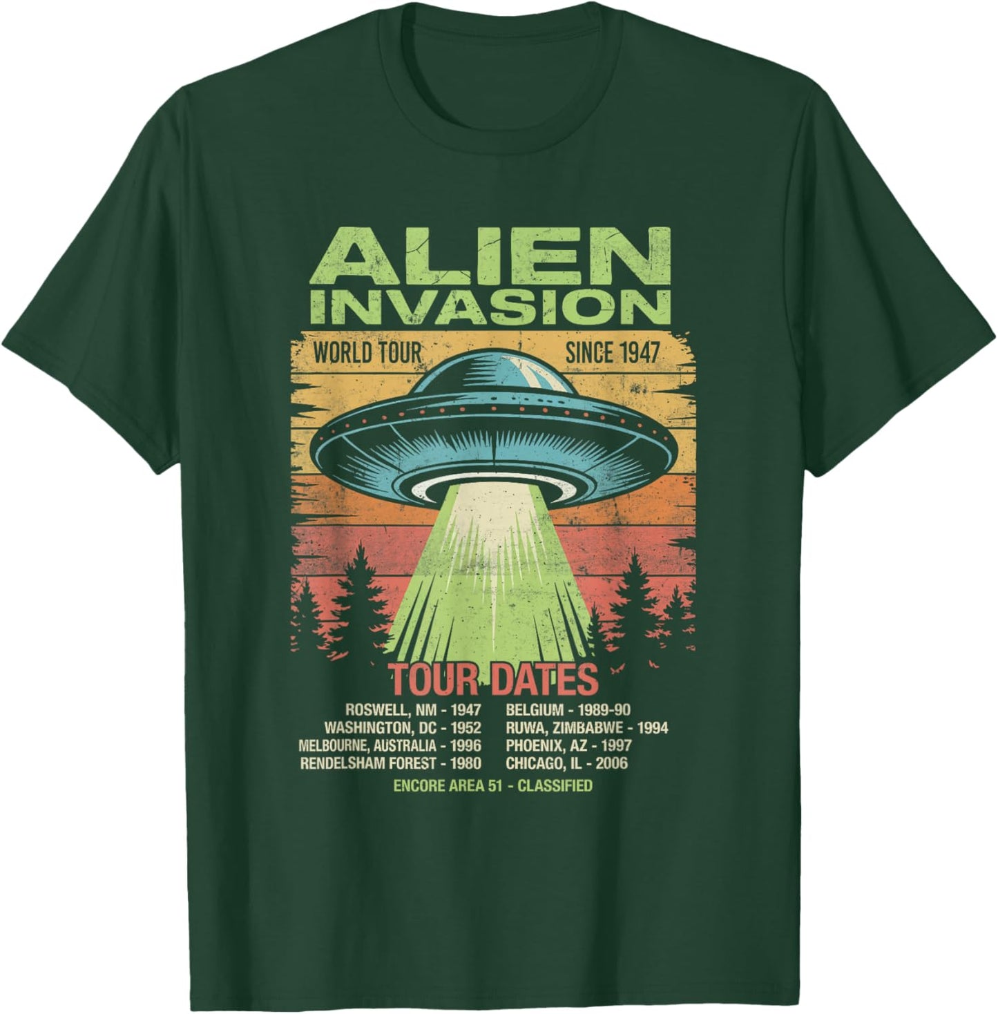 Alien Invasion Tour Dates Retro UFO Flying Saucer Vintage T-Shirt - T-Shirt | Forest