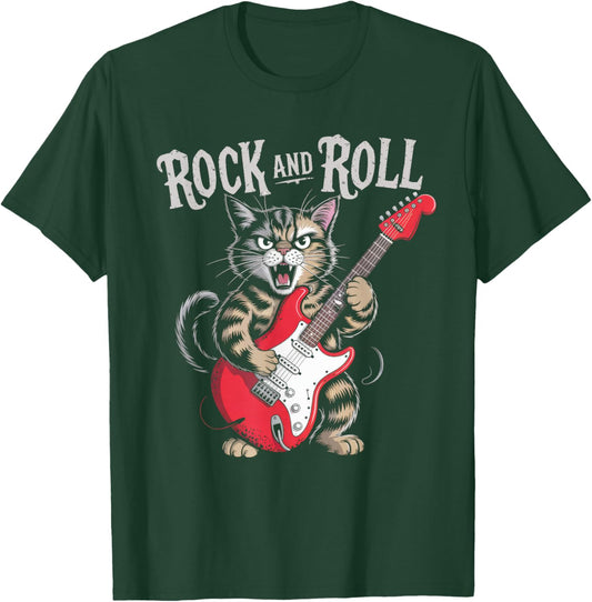 Rock and Roll Cat Playing Guitar Rock Star Women Kid T-Shirt - T-Shirt | Forest