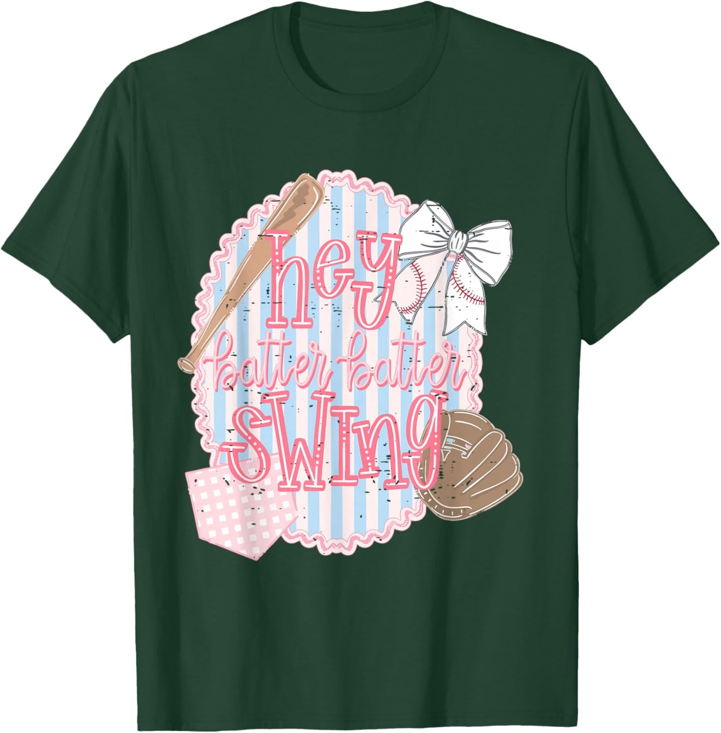 Hey Batter Batter Swing Baseball Game Day Coquette Bow Girly T-Shirt - T-Shirt | Forest
