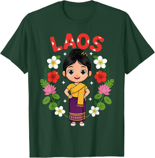 Laos Laotian Girl Traditional Dress Flowers Heritage T-Shirt - T-Shirt | Forest