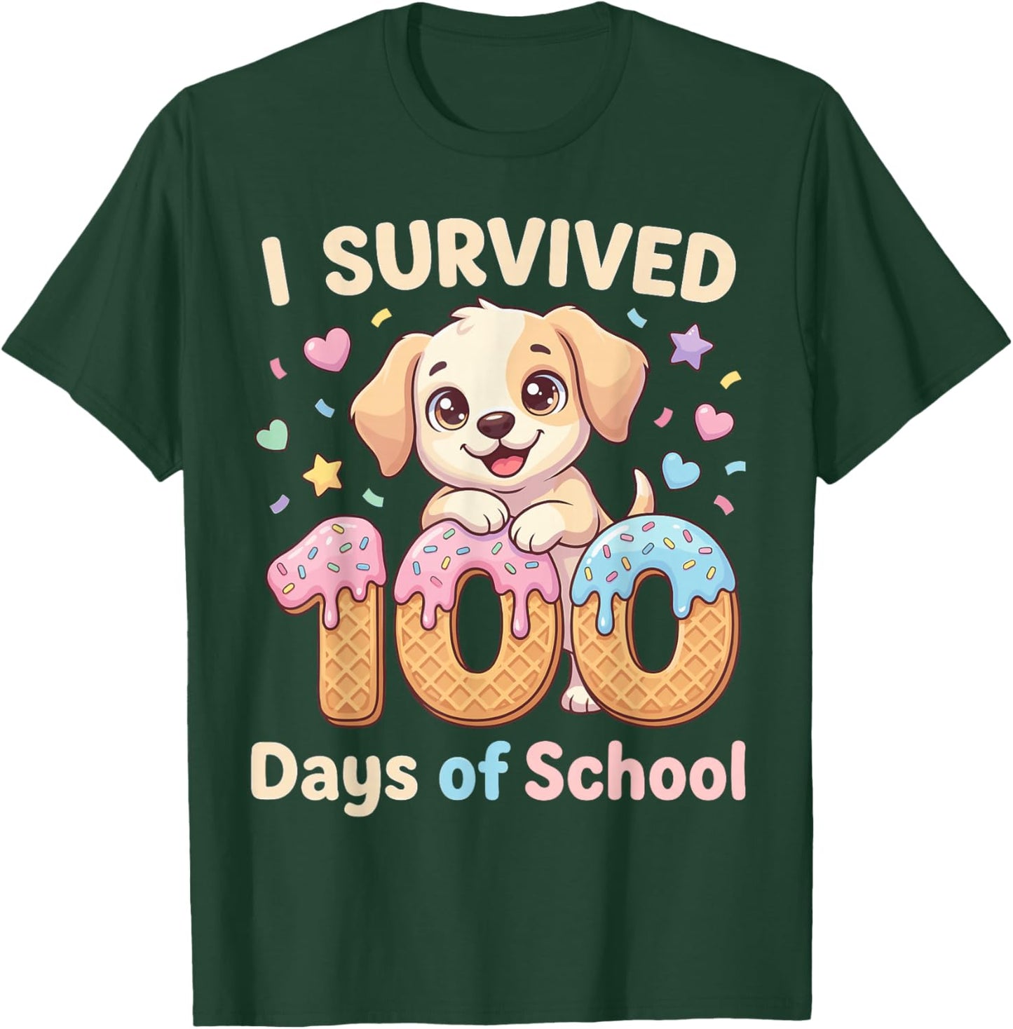 I Survived 100 Days of School Funny Punny Dog Ice Cream Drip T-Shirt - T-Shirt | Forest