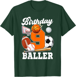 9 Year Old Birthday Baller 9th Birthday Sports Ball Theme T-Shirt - T-Shirt | Forest