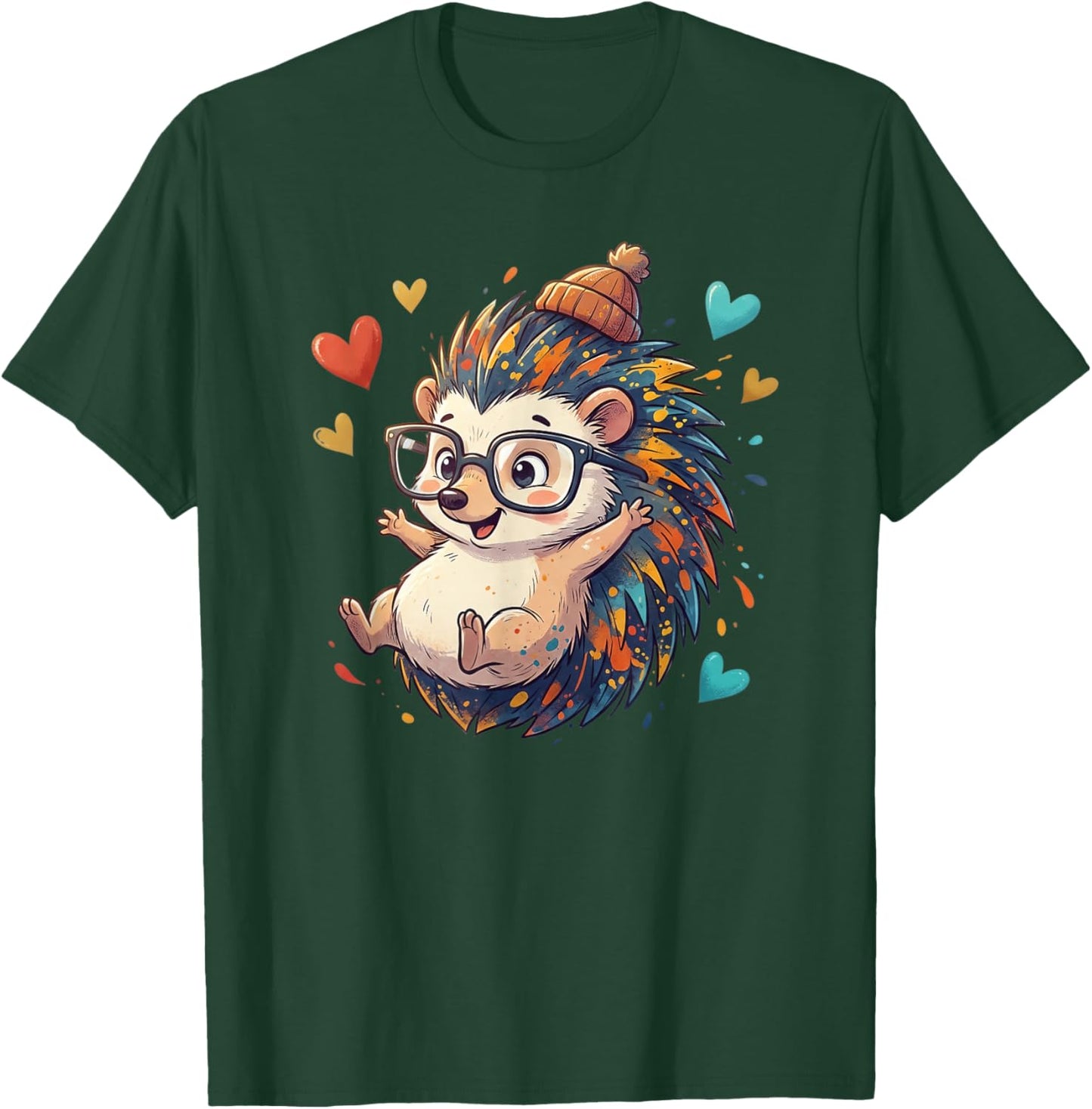 Cute Nerdy Hedgehog with Glasses and Colorful Hearts T-Shirt - T-Shirt | Forest