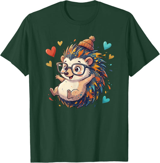 Cute Nerdy Hedgehog with Glasses and Colorful Hearts T-Shirt - T-Shirt | Forest