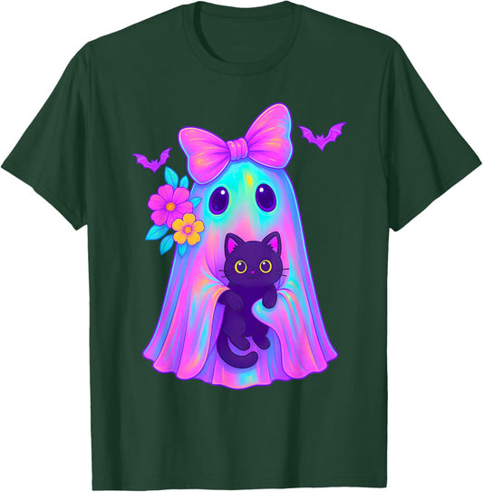 Cute Floral Ghost Holding a Cat Coquette Bow Halloween Women T-Shirt - T-Shirt | Forest