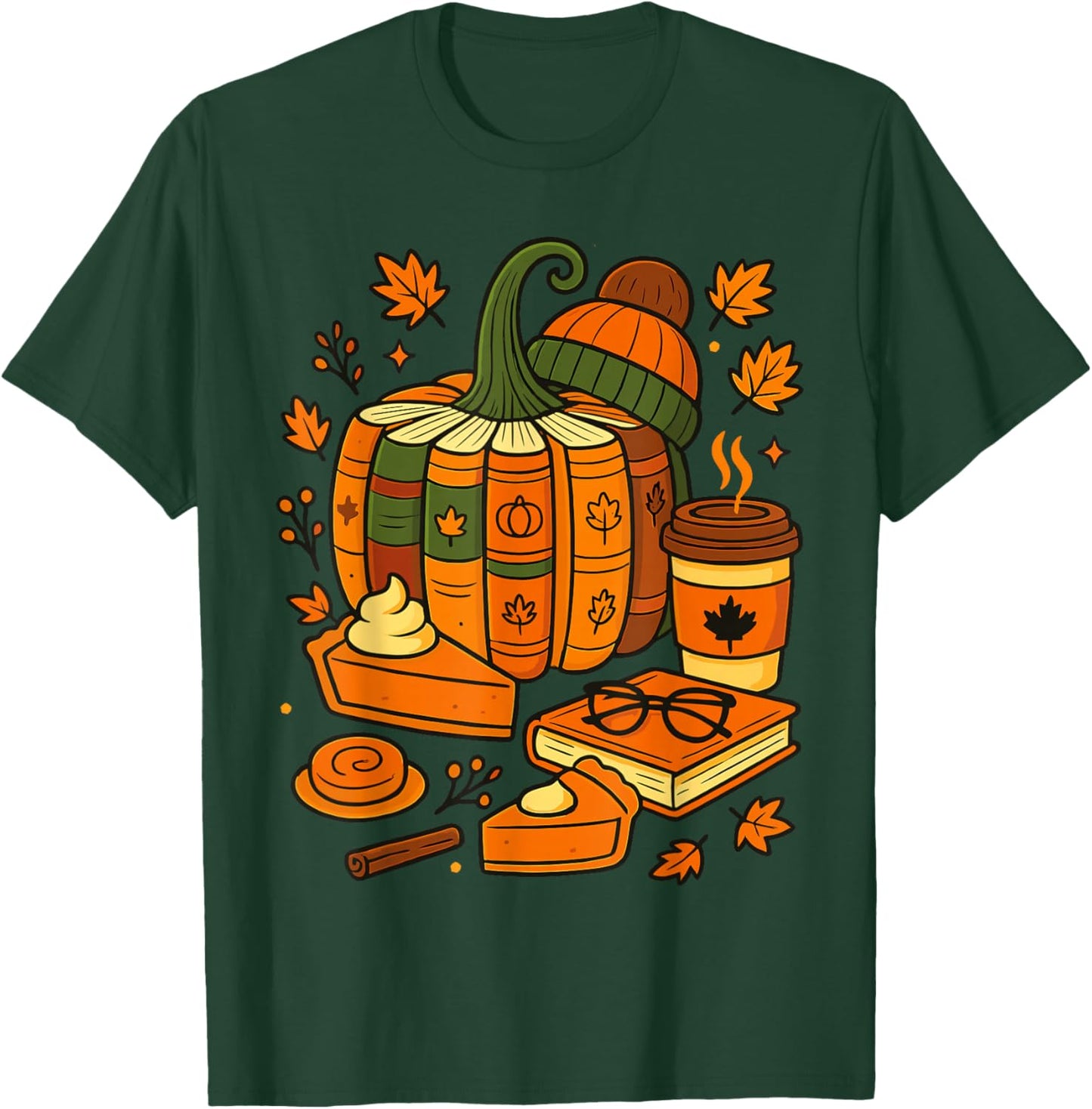 Retro Fall Pumpkin Books Autumn Reading Halloween Teacher T-Shirt - T-Shirt | Forest