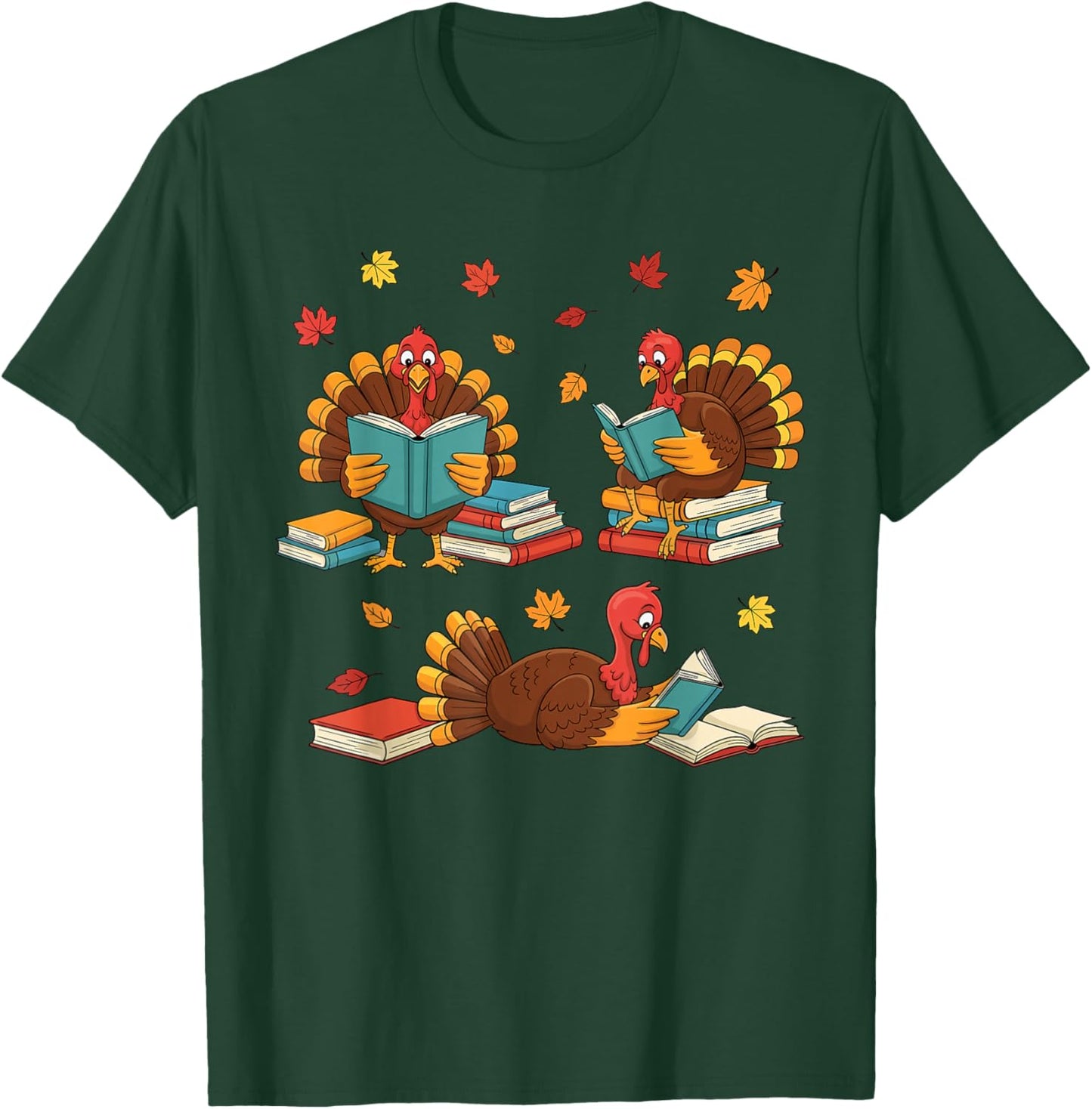 Turkey Reading Books Fall Book Lovers Thanksgiving Teacher T-Shirt - T-Shirt | Forest