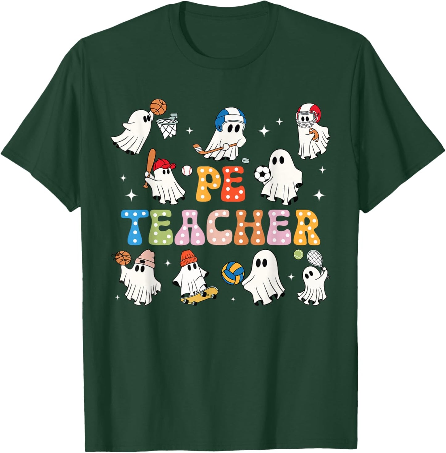 Halloween PE Teacher Ghost Playing Sports Physical Education T-Shirt - T-Shirt | Forest
