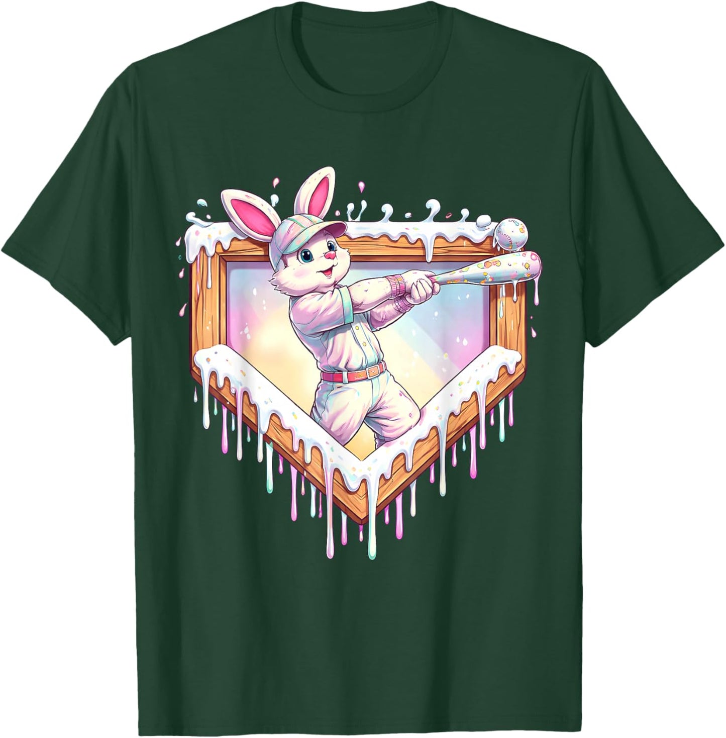Kids Happy Easter Bunny Playing Baseball Boy Ice Cream Drip T-Shirt - T-Shirt | Forest