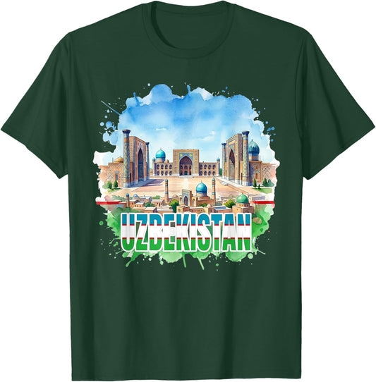 Uzbek National Flag Patriotic Uzbekistan Watercolor Heritage T-Shirt - T-Shirt | Forest