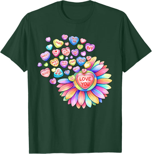 Love Sunflower Hearts Candy Valentines Day Girls T-Shirt - T-Shirt | Forest