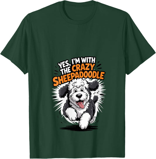 Women's Funny Cute Pet Dog Breed Yes I'm with The Crazy Sheepadoodle V-Neck T-Shirt - T-Shirt | Forest