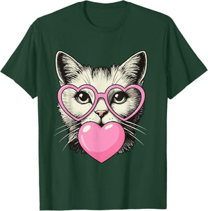 Cute Cat Blowing Pink Valentine Heart Bubble Gum T-Shirt - T-Shirt | Forest