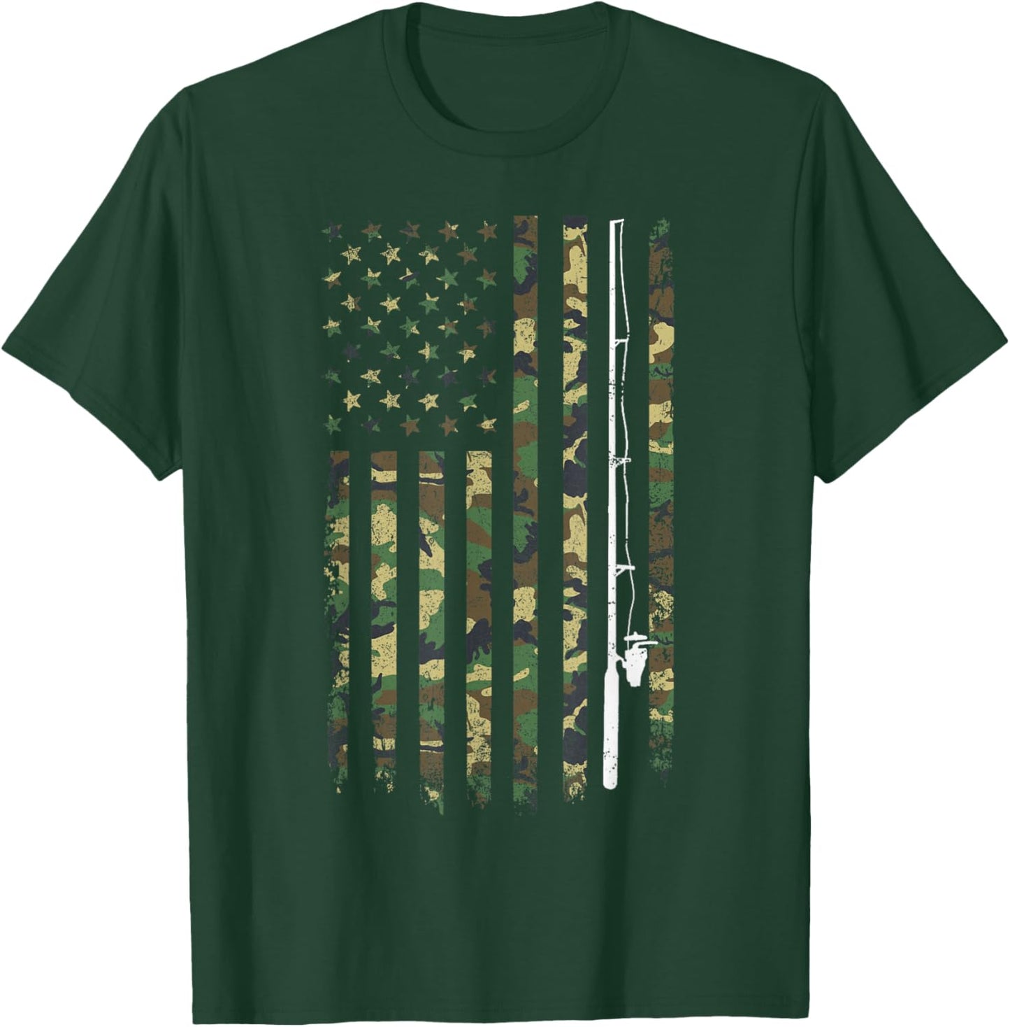 Fishing Camouflage US American Flag Bass Fish Fisherman Camo T-Shirt - T-Shirt | Forest