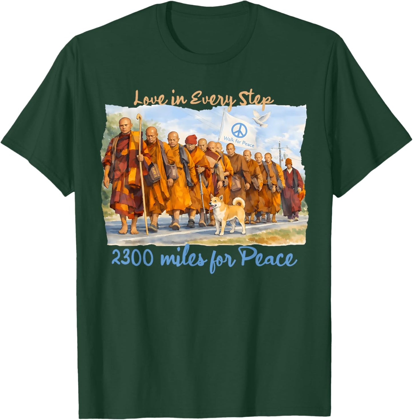 Minimalist Zen Art Walk for Peace Monks with Aloka Dog T-Shirt - T-Shirt | Forest