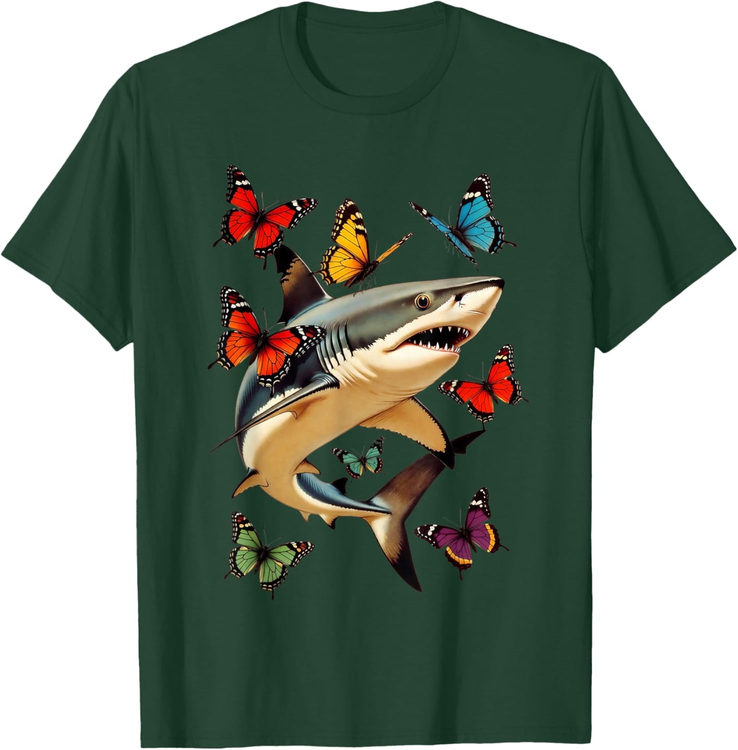 Funny Shark with Butterflies Retro Graphic Ocean Lovers T-Shirt - T-Shirt | Forest