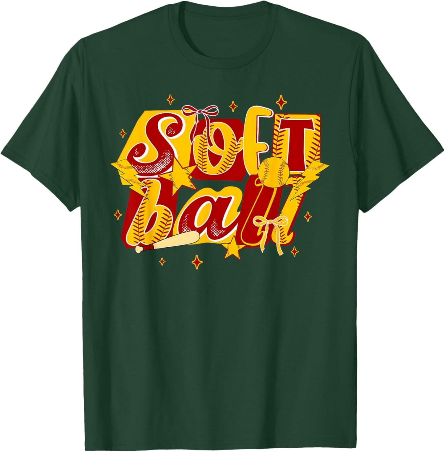 Softball Season Game Day Coquette Bow Retro Girl Women T-Shirt - T-Shirt | Forest