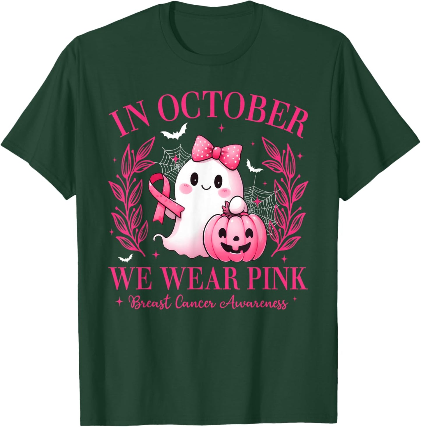 in October We Wear Pink Breast Cancer Awareness Pink Ghost T-Shirt - T-Shirt | Forest
