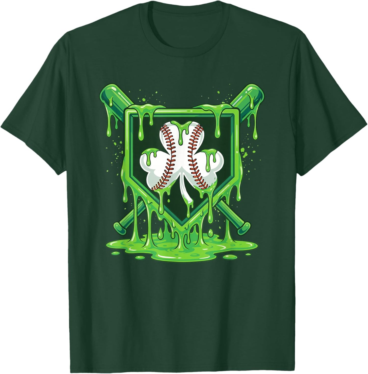 St Patrick Day Baseball Drip Ice Cream Baseball Shamrock Men T-Shirt - T-Shirt | Forest