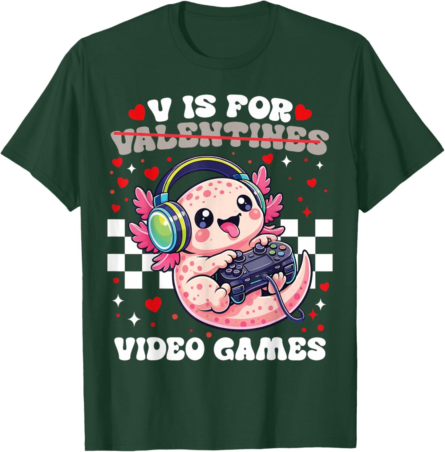 V is for Video Games Cute Axolotl Gamer Valentine Gaming T-Shirt - T-Shirt | Forest