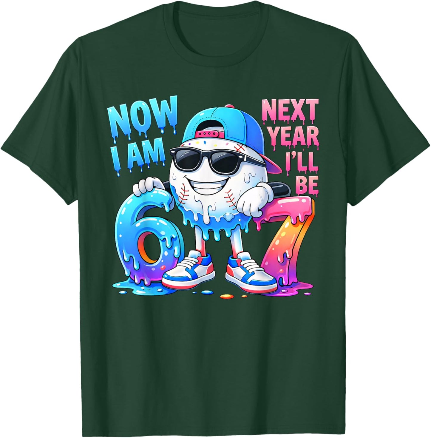 6th Birthday Boy Baseball Ice Cream Drip 67 Meme 6 Year Old T-Shirt - T-Shirt | Forest