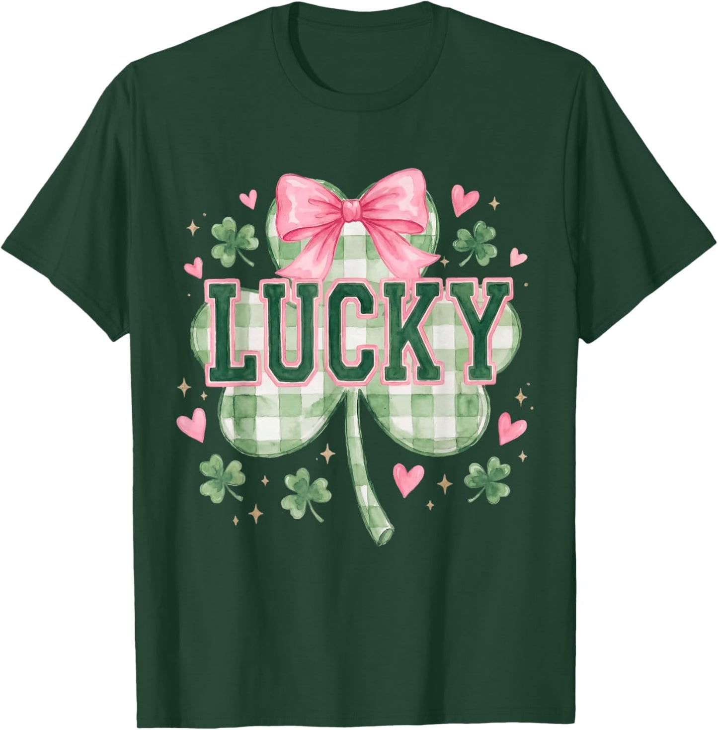 Vintage Coquette Bow Lucky Shamrock Clover St Patricks Day T-Shirt - T-Shirt | Forest