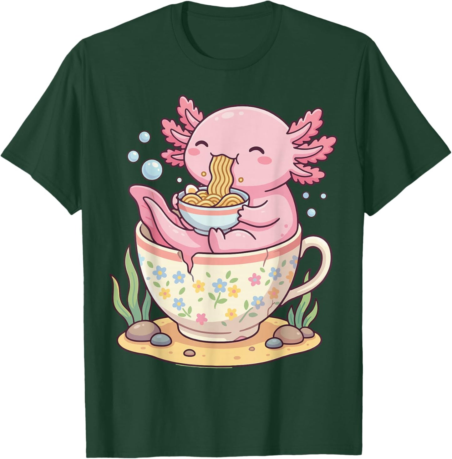 Kawaii Axolotl Teacup Ramen Anime Aesthetic T-Shirt - T-Shirt | Forest
