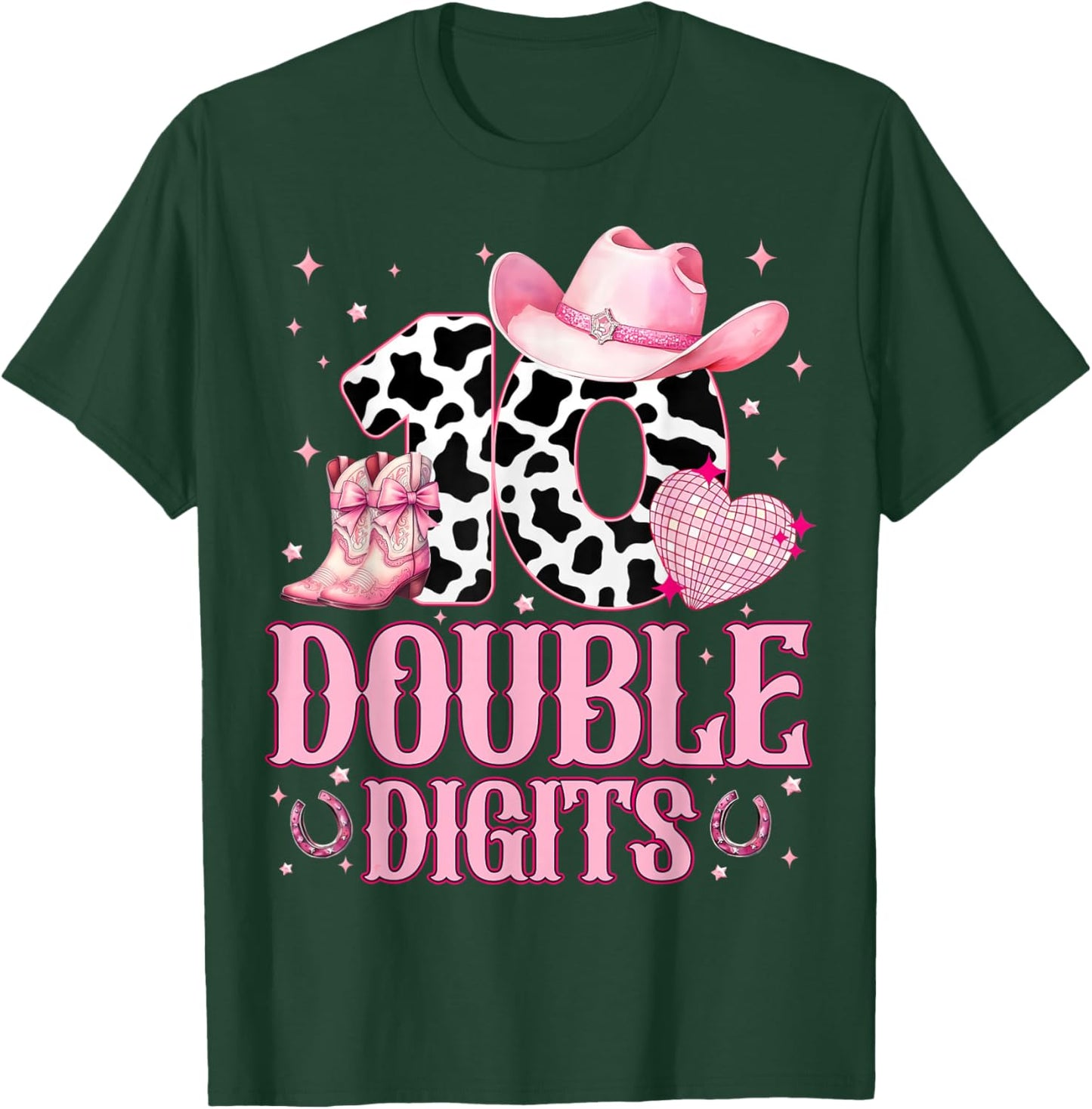 Kids 10th Birthday Girl Western Cowgirl Boots Double Digits T-Shirt - T-Shirt | Forest