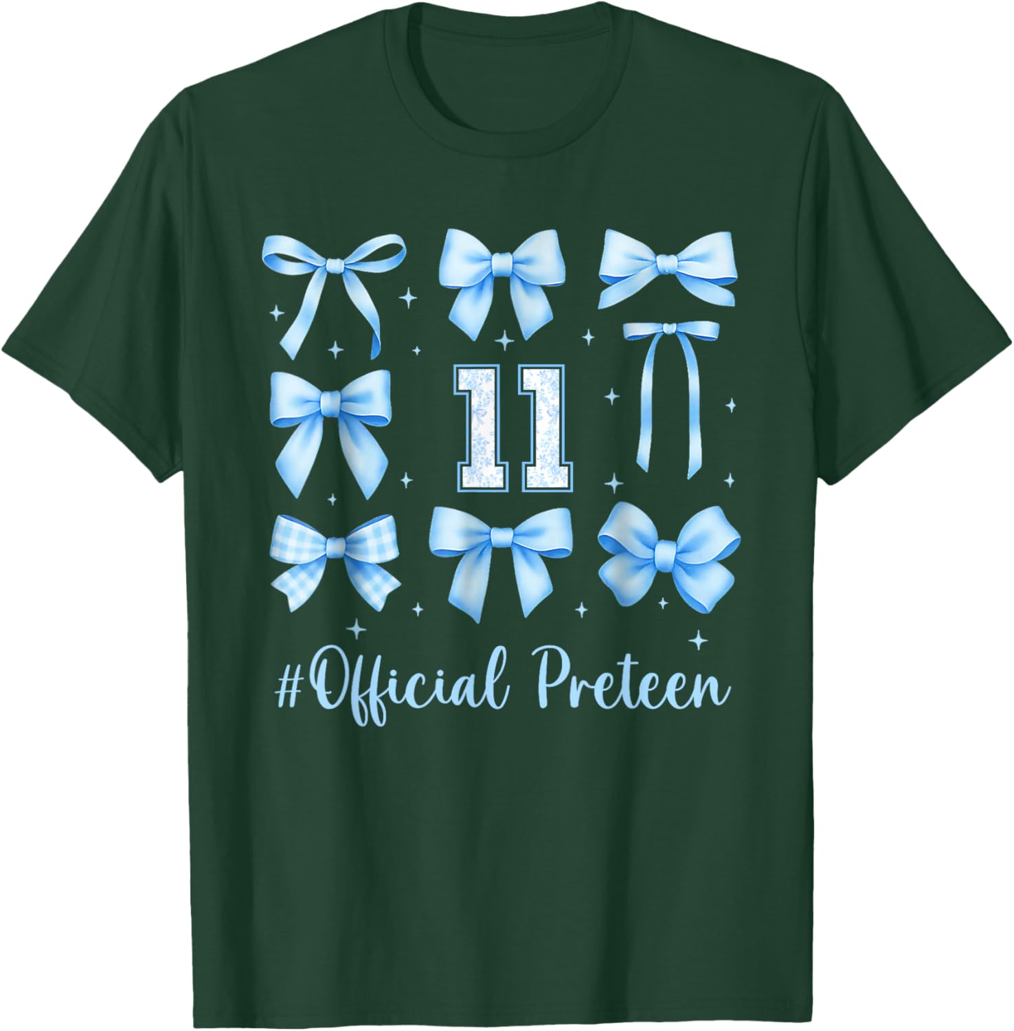 11th Birthday Girl Blue Floral Coquette Bow 11 Year Old T-Shirt - T-Shirt | Forest