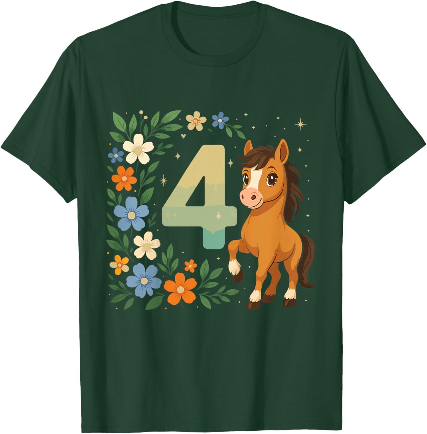 4th Birthday Girl Pony Horse Flowers 4 Years Old T-Shirt - T-Shirt | Forest